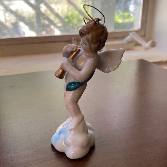 Vintage Cherub Angel Trumpet Ornament On Cloud antique? Wing Winged Chubby fair - Picture 2 of 12